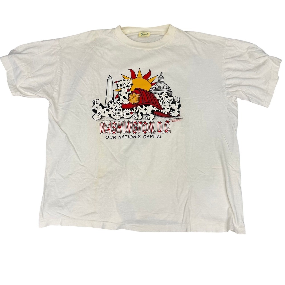Vintage 80s Washington‎ DC Dalmatian Fire Dog T-Shirt White Single Stitch Evans